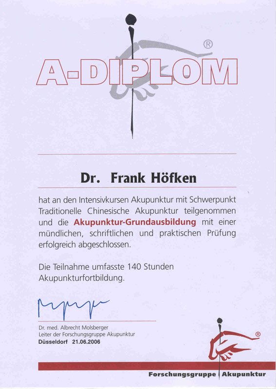 Urkunde A-Diplom Akupunktur Dr. Frank Höfken