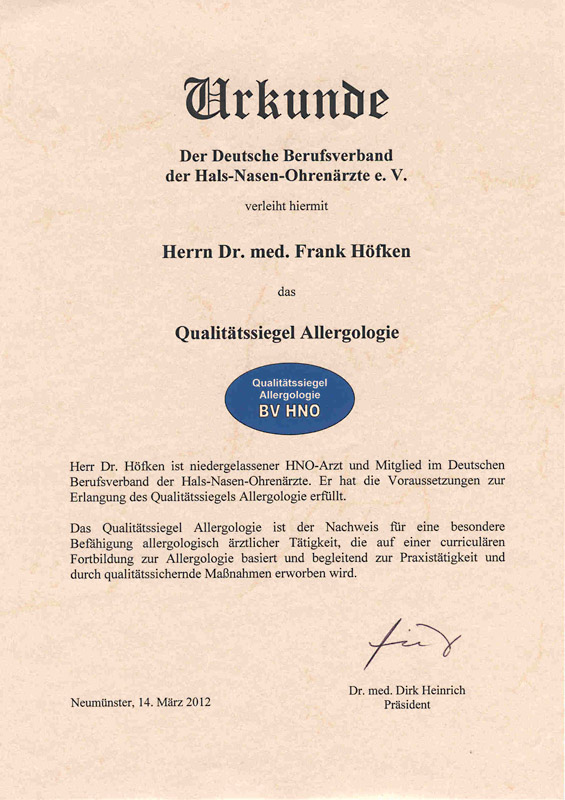 &Qualitätssiegel Allergologie (HNO BV) Dr. Frank Höfken
