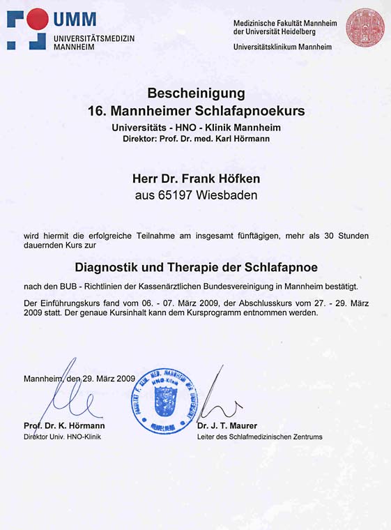 Diagnostik und Therapie der Schlapapnoe Dr. Frank Höfken