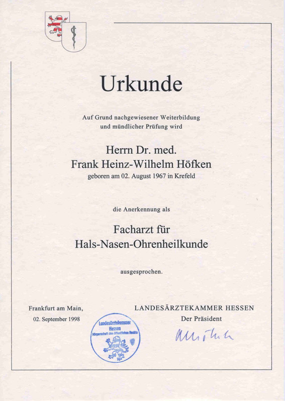 Facharztanerkennung Dr. Frank Höfken