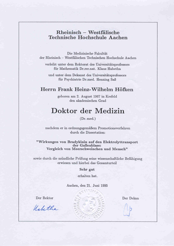 Promotionsurkunde Dr. Frank Höfken