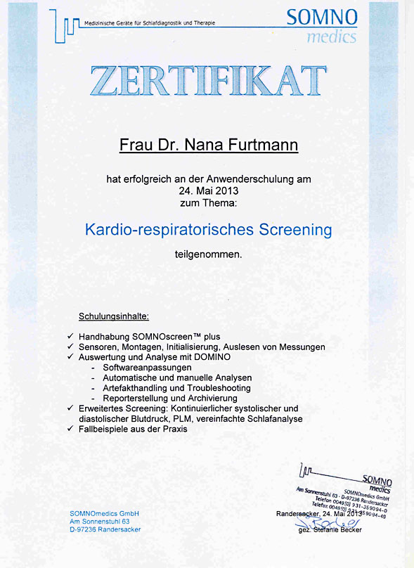 Zertifikat Anwenderschulung Kardio-respiratorisches Screening Dr. Nana Furtmann
